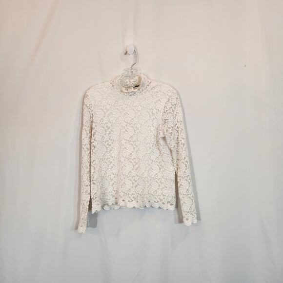 COLDWATER CREEK Off White Mock Neck Sheer Lace Stretch LS Top Coquette Small S - Picture 1 of 10